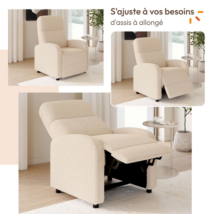 Fauteuil relax CALEB en tissu bouclette beige avec dossier inclinable et repose pieds