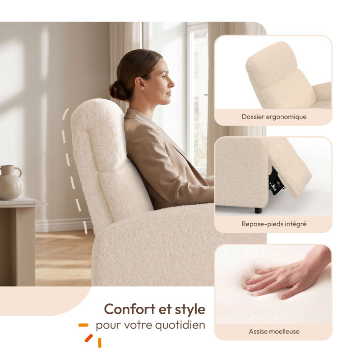 Fauteuil relax CALEB en tissu bouclette beige avec dossier inclinable et repose pieds