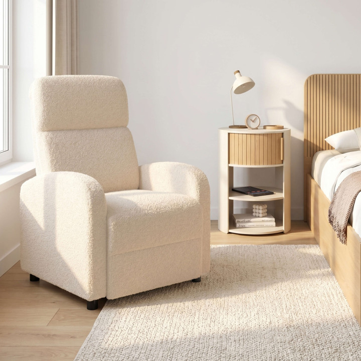 Sillón relax CALEB de tejido bouclé beige con respaldo reclinable y reposapiés