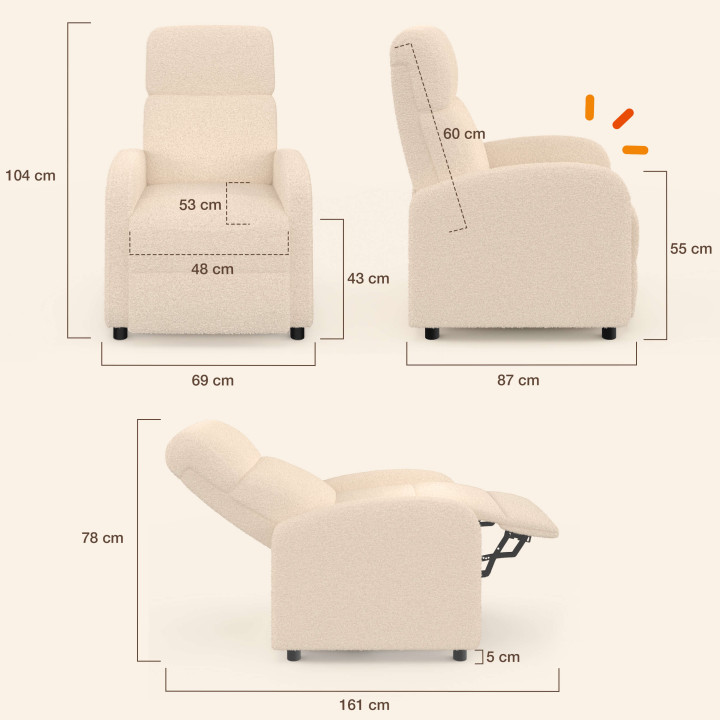 Fauteuil relax CALEB en tissu bouclette beige avec dossier inclinable et repose pieds