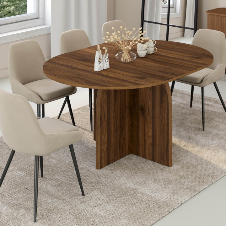 Table à manger extensible japandi ronde EDITH  4-8 personnes pied central design arrondi noyer 110-150 cm