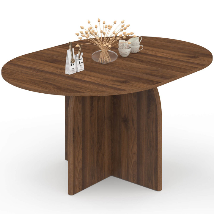 Tavolo da pranzo allungabile rotondo in stile Japandi EDITH, da 4 a 8 persone, con piede centrale dal design arrotondato in noce