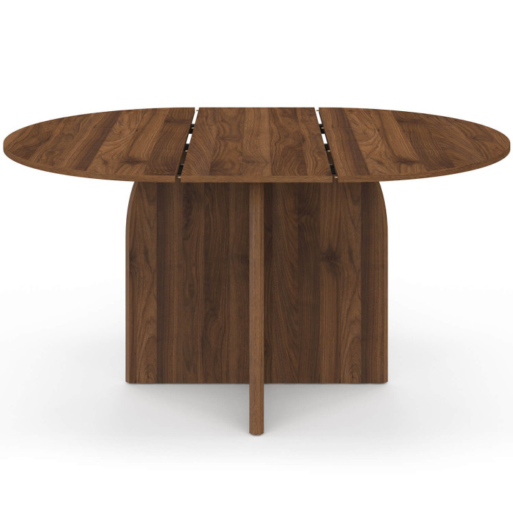 Table à manger extensible japandi ronde EDITH  4-8 personnes pied central design arrondi noyer 110-150 cm