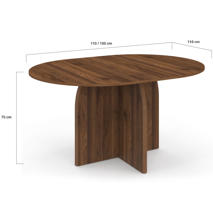 Tavolo da pranzo allungabile rotondo in stile Japandi EDITH, da 4 a 8 persone, con piede centrale dal design arrotondato in noce