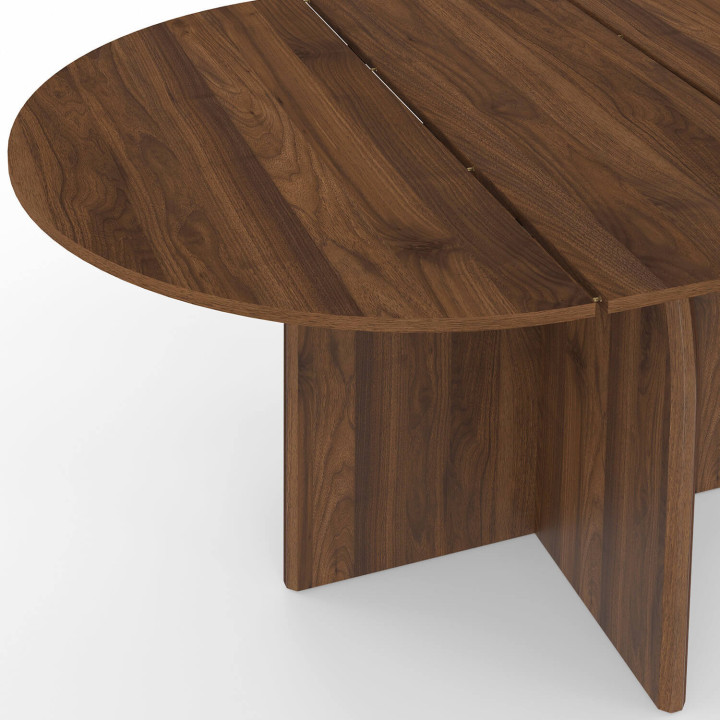 Table à manger extensible japandi ronde EDITH  4-8 personnes pied central design arrondi noyer 110-150 cm