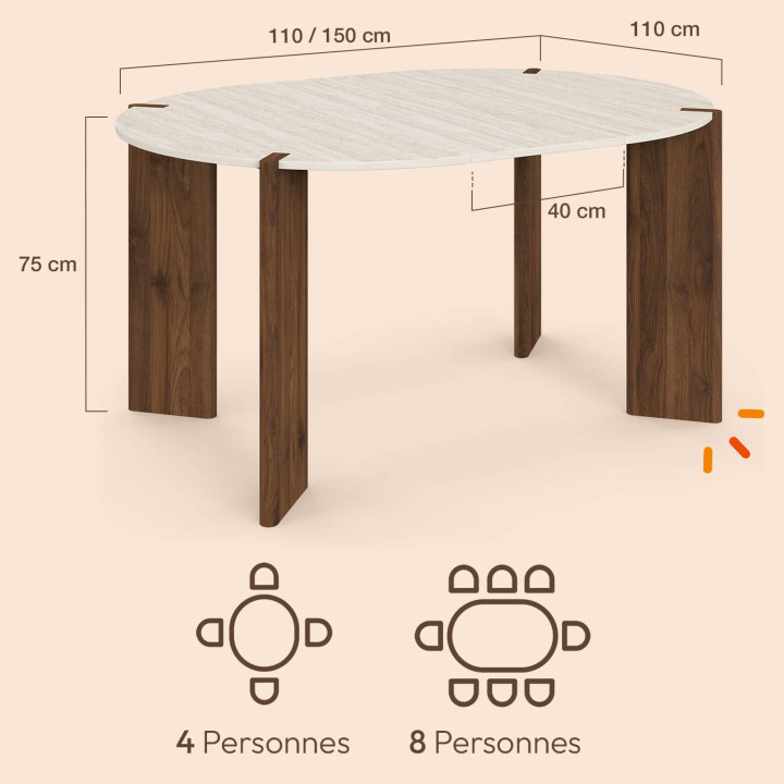 Table à manger extensible ronde TESS 4-6 personnes 4 pieds débordants design arrondi noyer et plateau travertin 110-150 cm