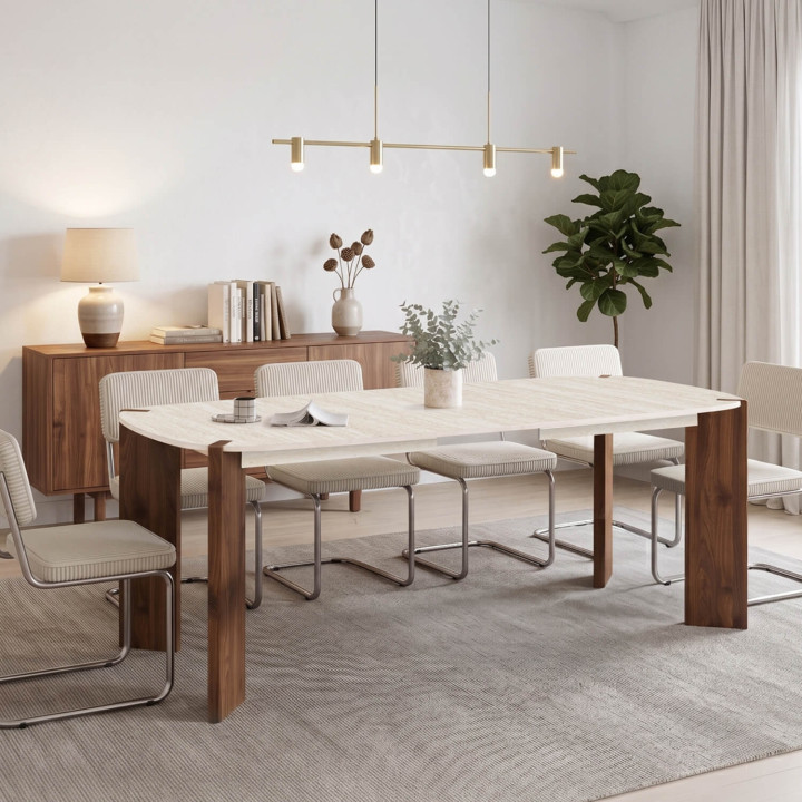 Table à manger extensible rectangulaire arrondie TESS 6-10 personnes 4 pieds arrondi noyer plateau travertin 160-200 cm