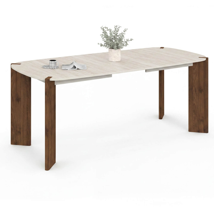 Table à manger extensible rectangulaire arrondie TESS 6-10 personnes 4 pieds arrondi noyer plateau travertin 160-200 cm