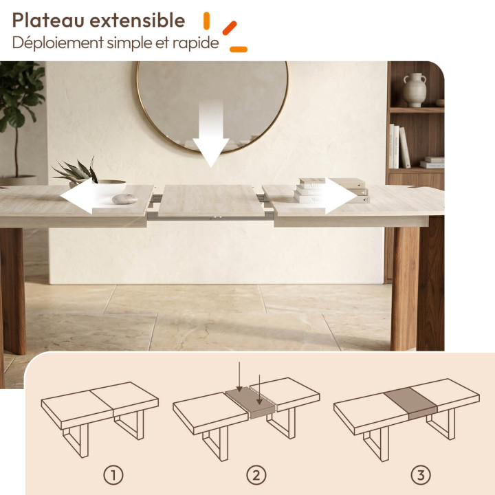 Mesa de comedor extensible rectangular con esquinas redondeadas TESS, para 6-10 personas, con 4 patas redondeadas de nogal y tab