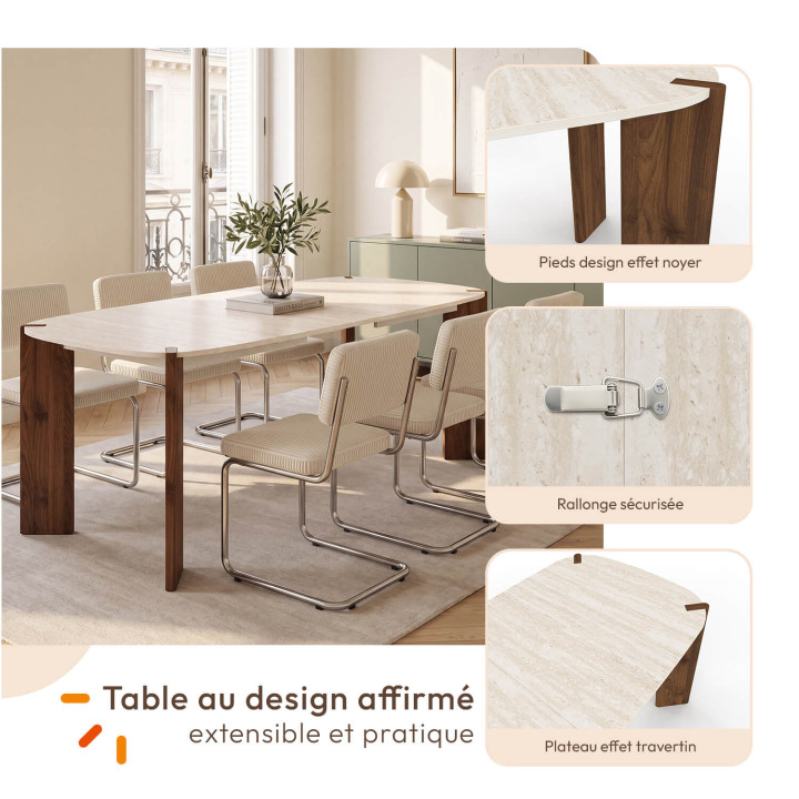 Mesa de comedor extensible rectangular con esquinas redondeadas TESS, para 6-10 personas, con 4 patas redondeadas de nogal y tab
