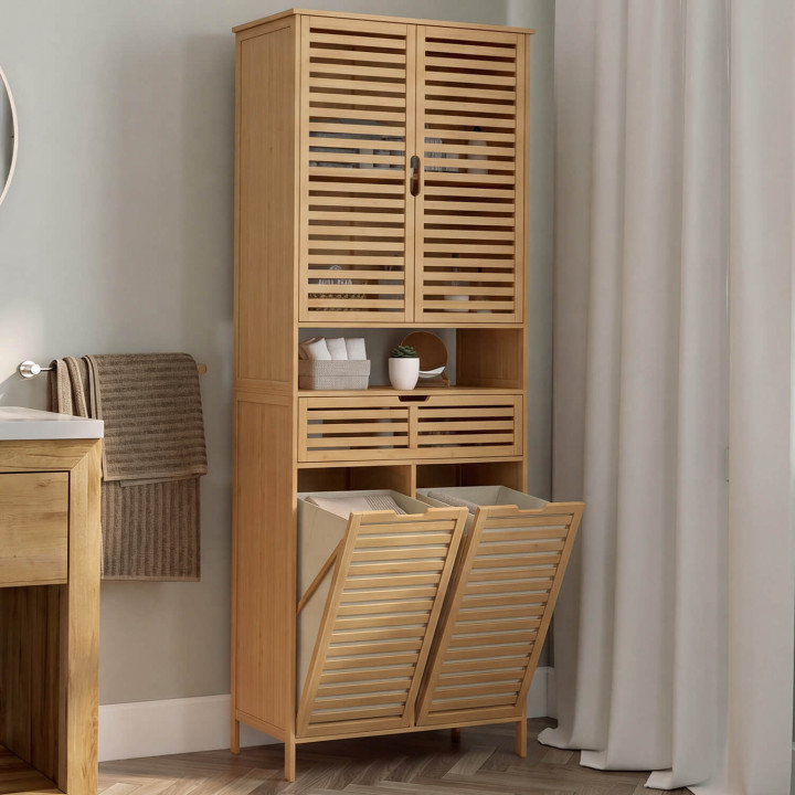 Meuble armoire colonne salle de bain bambou BEA 4 portes avec 2 paniers à linge amovibles 1 tiroir
