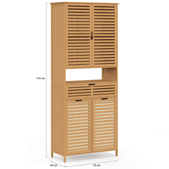 Meuble armoire colonne salle de bain bambou BEA 4 portes avec 2 paniers à linge amovibles 1 tiroir
