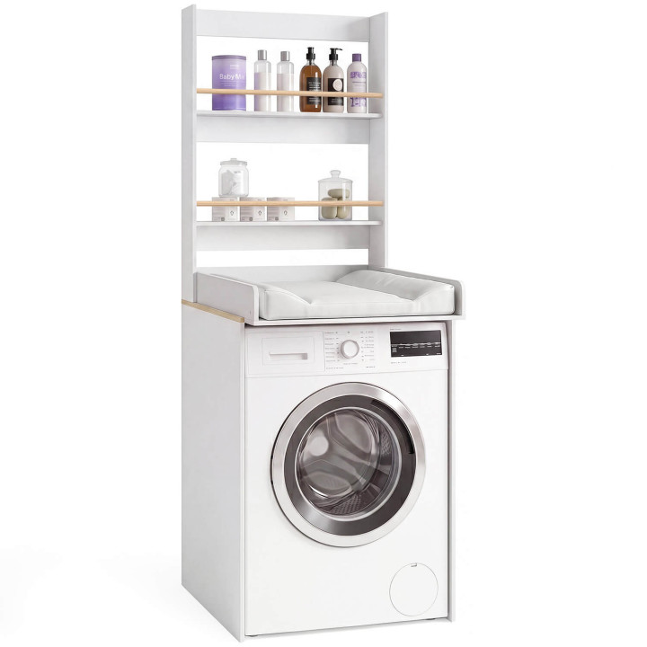 Meegroeiende verschoontafel AMBRE, te plaatsen boven de wasmachine, in beukenhout- en witte uitvoering, met 2 planken en een afn