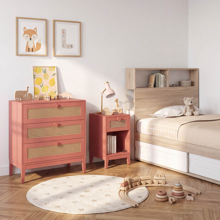 ADELIE 80 cm kindercommode met 3 laden in riet en oudroze