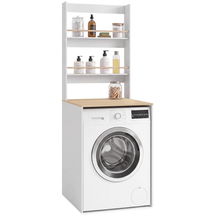 Mitwachsender Wickeltisch „AMBRE“ zum Aufstellen auf der Waschmaschine, in Buche-Optik und Weiß, mit 2 Ablagen und abnehmbarer W