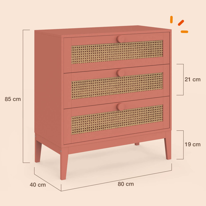 ADELIE 80 cm kindercommode met 3 laden in riet en oudroze