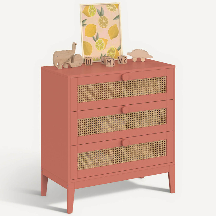Kommode mit 3 Schubladen ADELIE 80 cm Kind Rohrgeflecht und Altrosa