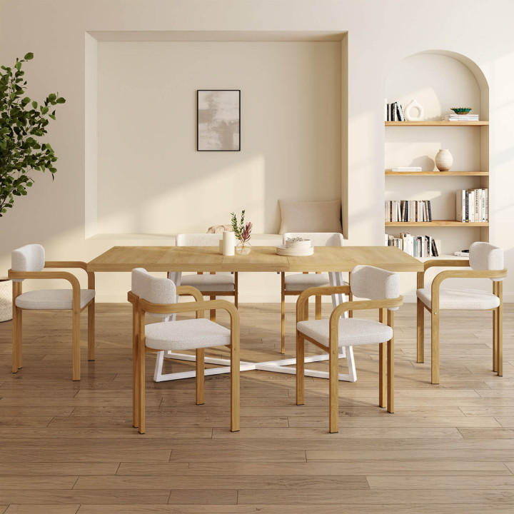Juego de 6 sillas de comedor y sillones de mesa ESMA de metal efecto madera y tela bouclette con reposabrazos