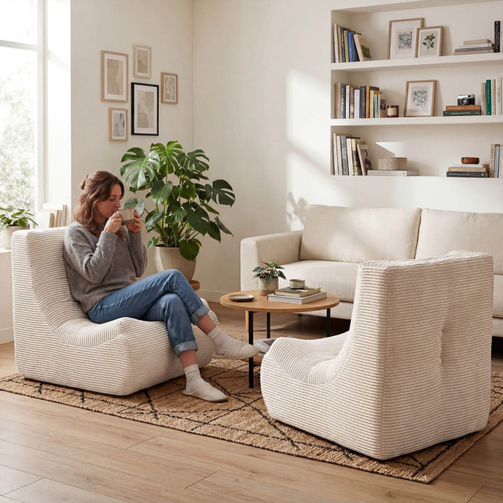 BILLY verstelbare, samengevouwen fauteuil, 1-zits, beige ribfluweel