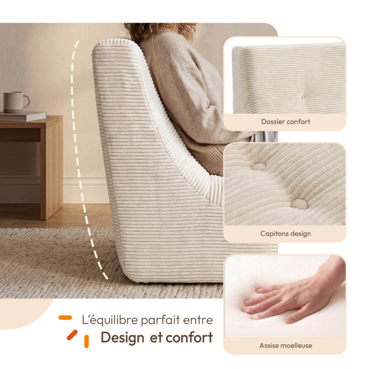 Sillón reclinable BILLY, modular, de 1 plaza, de terciopelo acanalado beige