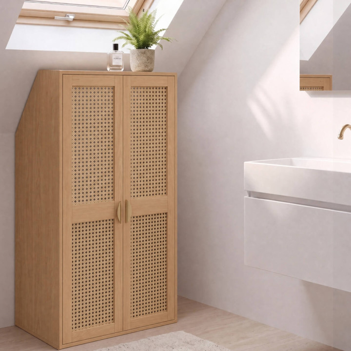 Armoire sous pente 2 portes EDHEN 60 x 50 x 70/110 cm bois et cannage
