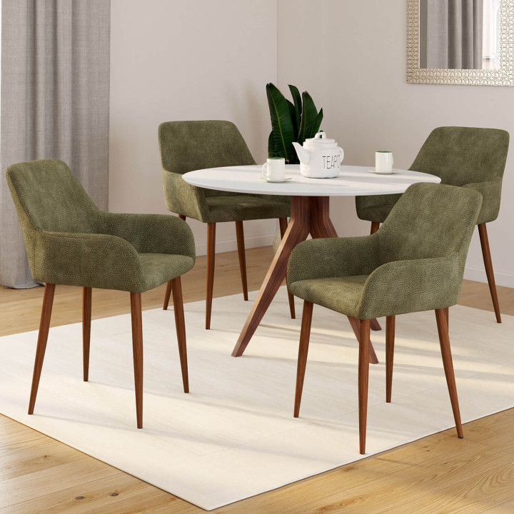 Set van 4 RORY-stoelen van groene chenille met notenhouten poten voor in de eetkamer