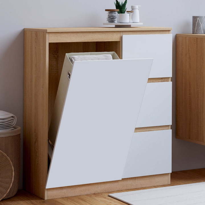 Meuble de rangement salle de bain TOMI 1 porte avec panier à linge amovible 3 tiroirs façon hêtre et blanc