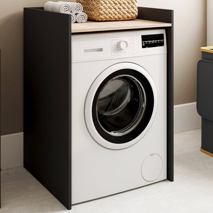 Wasmachinekast in zwart en beukenhout - WALLIS