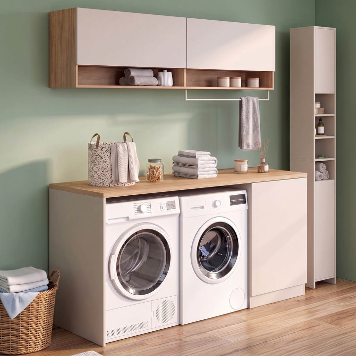 TOMI-wasruimtekast voor wasmachine en droger met werkblad van 180 cm breed en beige en houten kasten