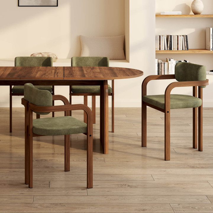 Set di 4 sedie da pranzo, sedie da tavolo ESMA in metallo effetto noce e tessuto chenille verde con braccioli