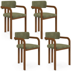 Set van 4 eetkamerstoelen, ESMA-tafelstoelen van metaal met walnoothoutlook en groene chenille-stof, met armleuningen