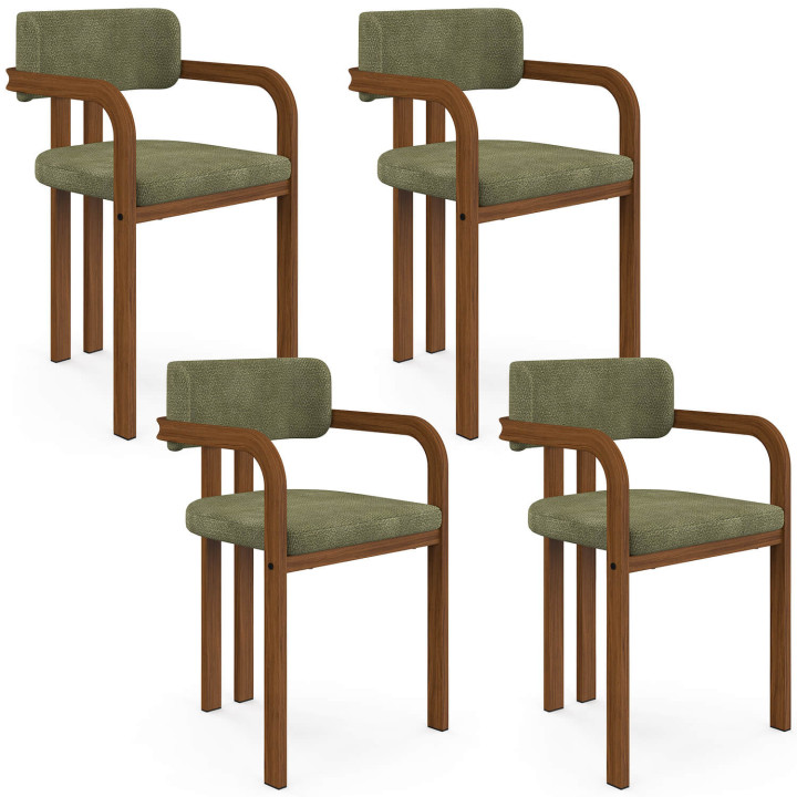 Set di 4 sedie da pranzo, sedie da tavolo ESMA in metallo effetto noce e tessuto chenille verde con braccioli