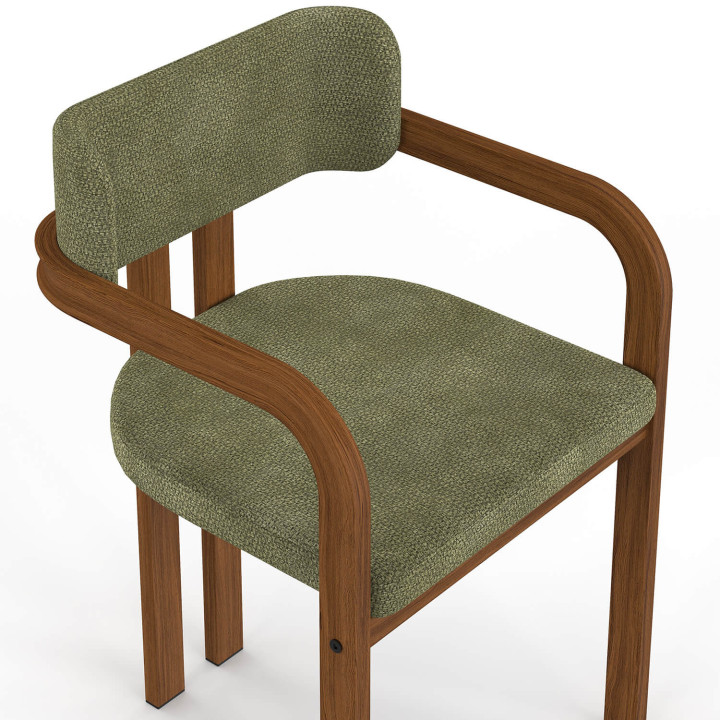 Set van 4 eetkamerstoelen, ESMA-tafelstoelen van metaal met walnoothoutlook en groene chenille-stof, met armleuningen