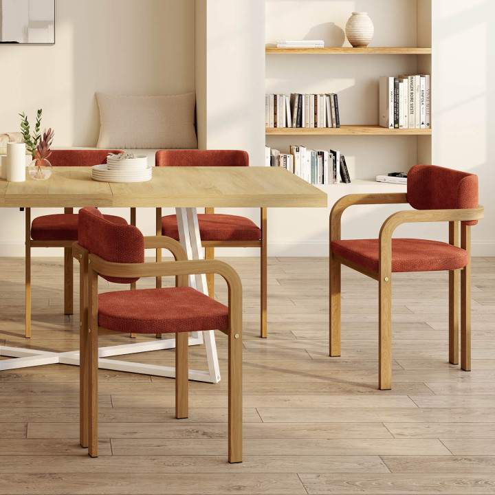 Set van 4 eetkamerstoelen, ESMA-tafelstoelen van metaal met houtlook en terracotta-kleurige chenille-stof, met armleuningen