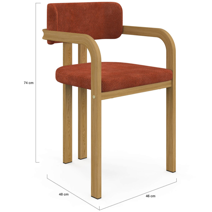 Set van 4 eetkamerstoelen, ESMA-tafelstoelen van metaal met houtlook en terracotta-kleurige chenille-stof, met armleuningen