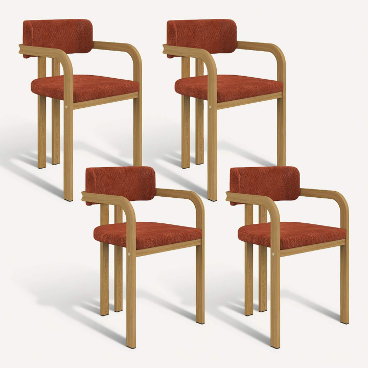 Lot de 4 chaises de salle à manger, fauteuils de table ESMA en métal effet bois et tissu chenille terracotta avec accoudoirs