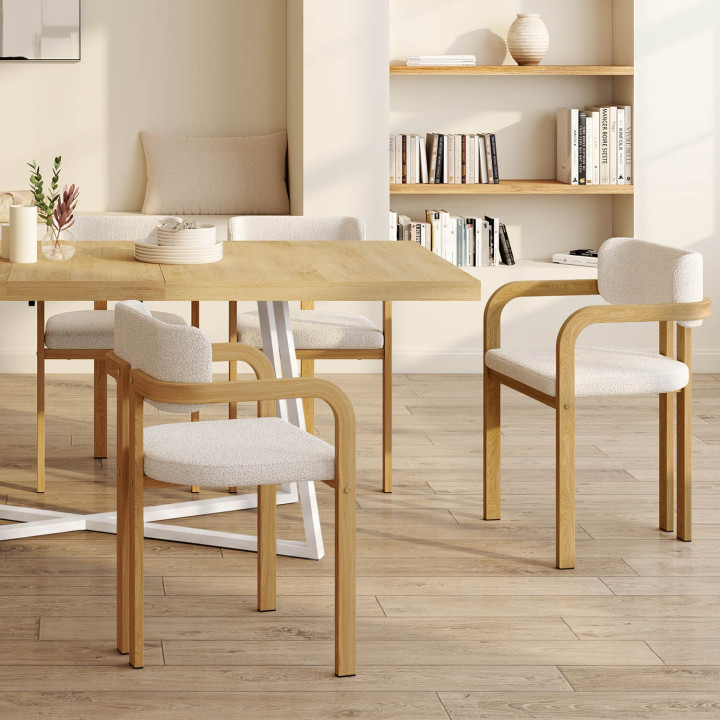 Set di 4 sedie da pranzo e poltroncine da tavolo ESMA in metallo effetto legno e tessuto bouclette con braccioli