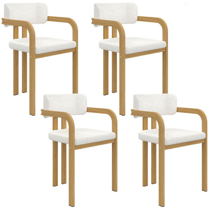Juego de 4 sillas de comedor y sillones de mesa ESMA de metal efecto madera y tela bouclette con reposabrazos