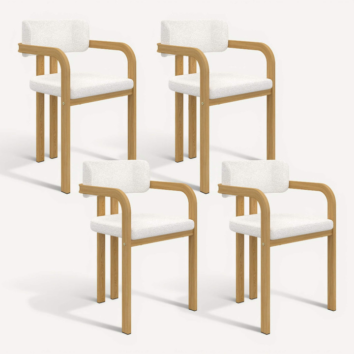 Set van 4 ESMA eetkamerstoelen en tafelarmstoelen in metaal met houteffect en bouclette stof met armleuningen