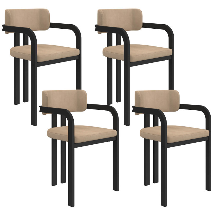 Set di 4 sedie da pranzo e poltrone da tavolo ESMA in metallo nero e velluto taupe con braccioli