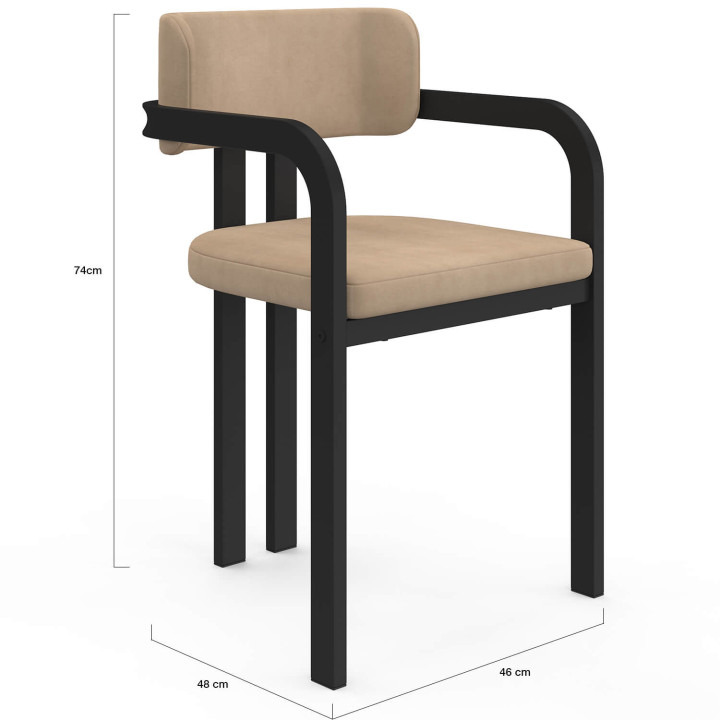 Set di 4 sedie da pranzo e poltrone da tavolo ESMA in metallo nero e velluto taupe con braccioli
