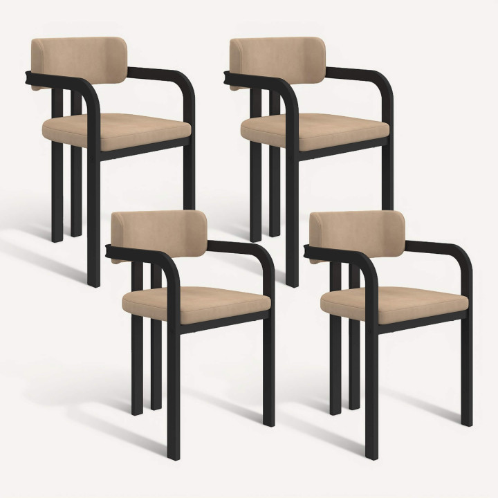 Set di 4 sedie da pranzo e poltrone da tavolo ESMA in metallo nero e velluto taupe con braccioli