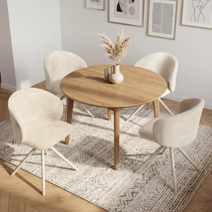 Set aus 4 Drehstühlen KIRA aus beigem Chenille-Stoff und beigem Metallfuß für das Esszimmer