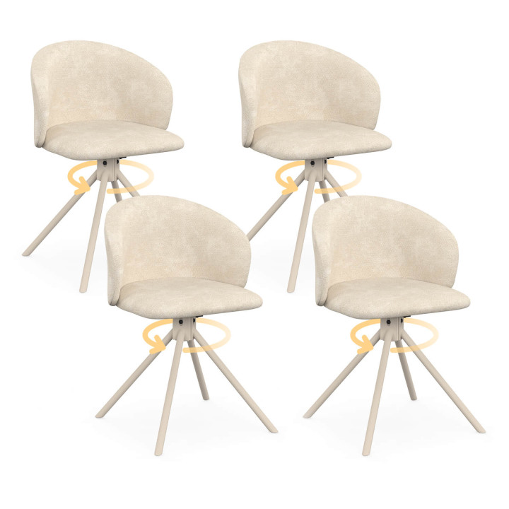 Lot de 4 chaises pivotantes KIRA en tissu chenille beige et pied métal beige pour salle à manger