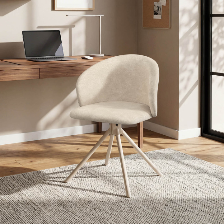 Lot de 4 chaises pivotantes KIRA en tissu chenille beige et pied métal beige pour salle à manger