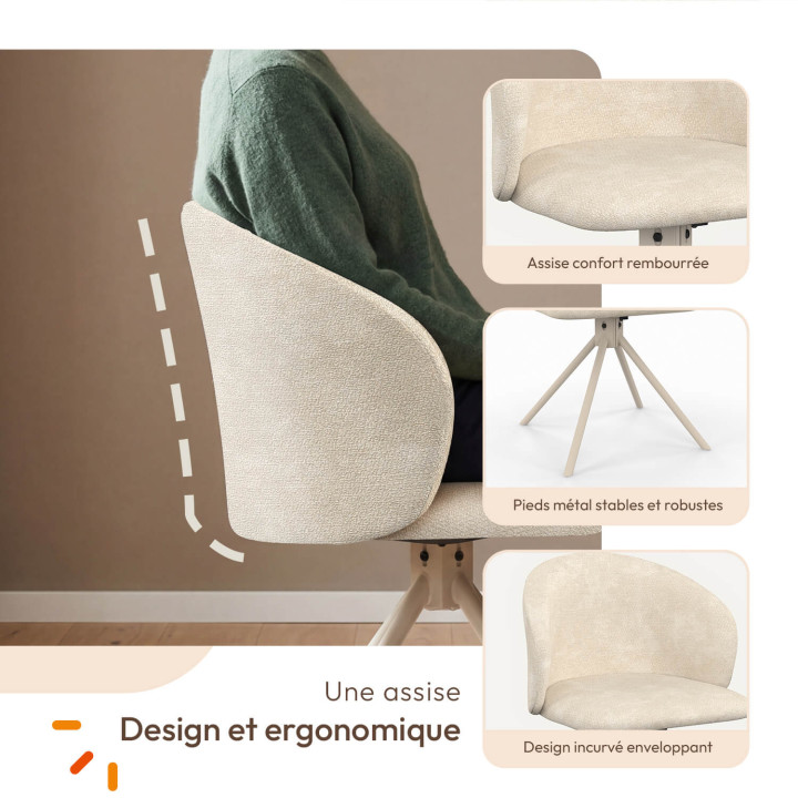 Set van 4 KIRA draaistoelen in beige chenille stof en beige metalen onderstel voor eetkamer