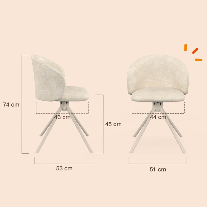 Set di 4 sedie girevoli KIRA in tessuto di ciniglia beige e base in metallo beige per sala da pranzo