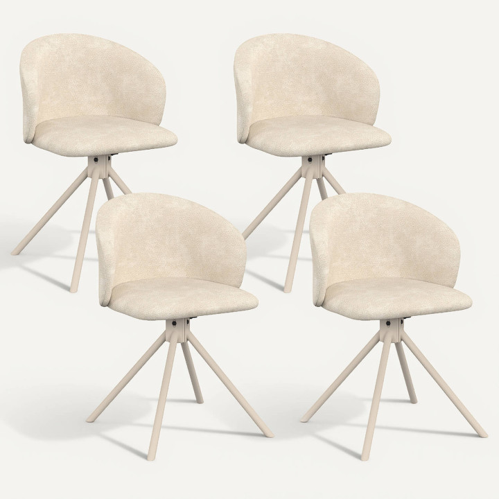 Set van 4 KIRA draaistoelen in beige chenille stof en beige metalen onderstel voor eetkamer