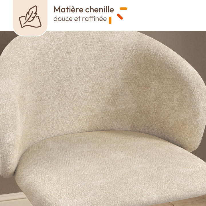Set van 4 KIRA draaistoelen in beige chenille stof en beige metalen onderstel voor eetkamer