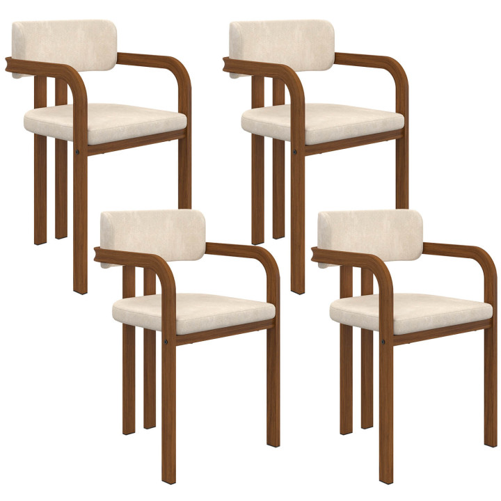 Set di 4 sedie da pranzo e poltroncine da tavolo ESMA in metallo effetto noce e tessuto di ciniglia beige con braccioli